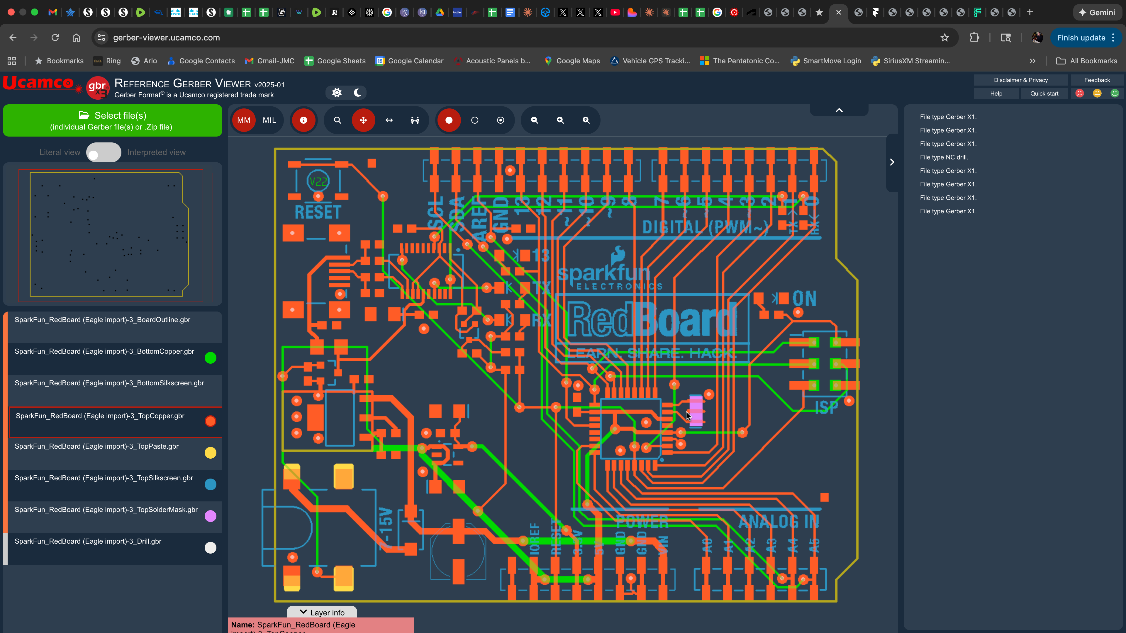 SparkFun RedBoard Gerber files displayed in the Ucamco Reference Gerber Viewer, showing multi-layer PCB with copper traces, silkscreen, solder mask, and drill files exported from CADD300 Modern
